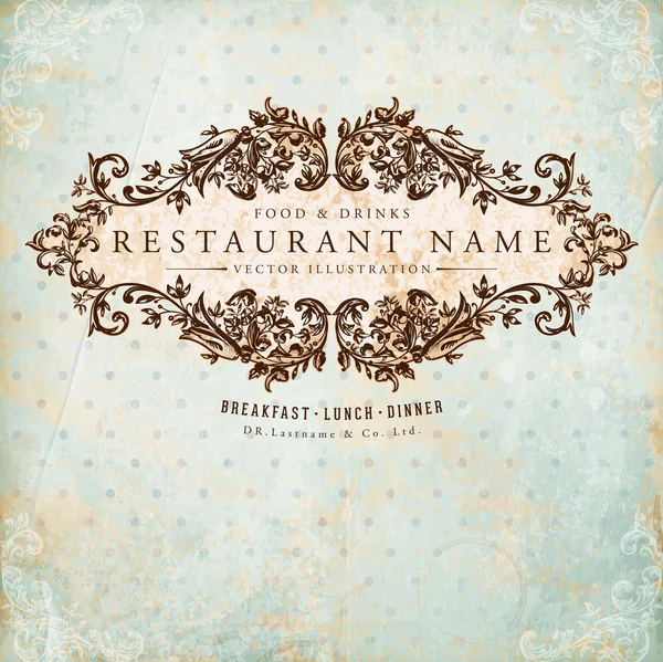 Restaurant label design with old floral frame for vintage menu design — Stock Vector