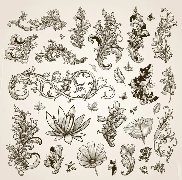 Векторный набор: элементы каллиграфического дизайна и оформление страницы, премиум качество и удовлетворенность коллекция этикеток с гравировкой цветов — стоковый вектор