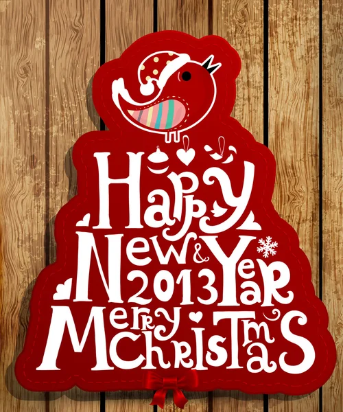 Gelukkig nieuw jaar 2013 en vrolijk Kerstmis belettering voor xmas ontwerp, vogel, sneeuwvlokken en groen en rood lint bogen, hout achtergrond — Stockvector