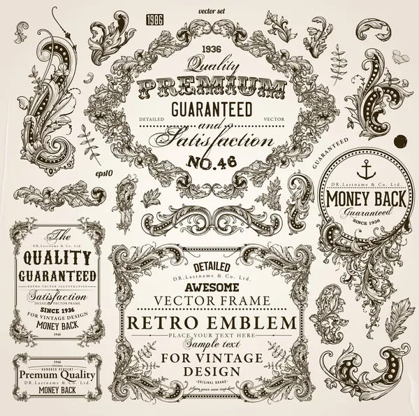 Vector set of calligraphic design elements: page decoration, Premium Quality and Satisfaction Guarantee Label, antique and baroque frames and floral ornaments Royalty Free Stock Vectors