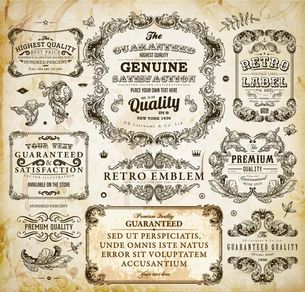 Vector set of calligraphic design elements: page decoration, Premium Quality and Satisfaction Guarantee Label, antique and baroque frames Old paper texture with dirty footprints of a cup of coffee. Royalty Free Stock Illustrations