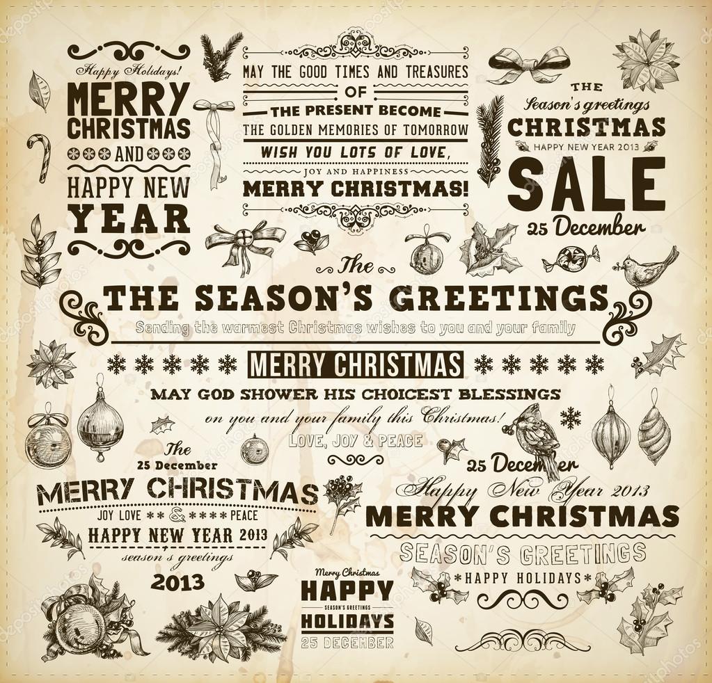 Christmas decoration collection Set of calligraphic and typographic elements, frames, vintage labels. Ribbons, bows, birds, baubles on a fur-tree branches with holly berries - all for Xmas design.