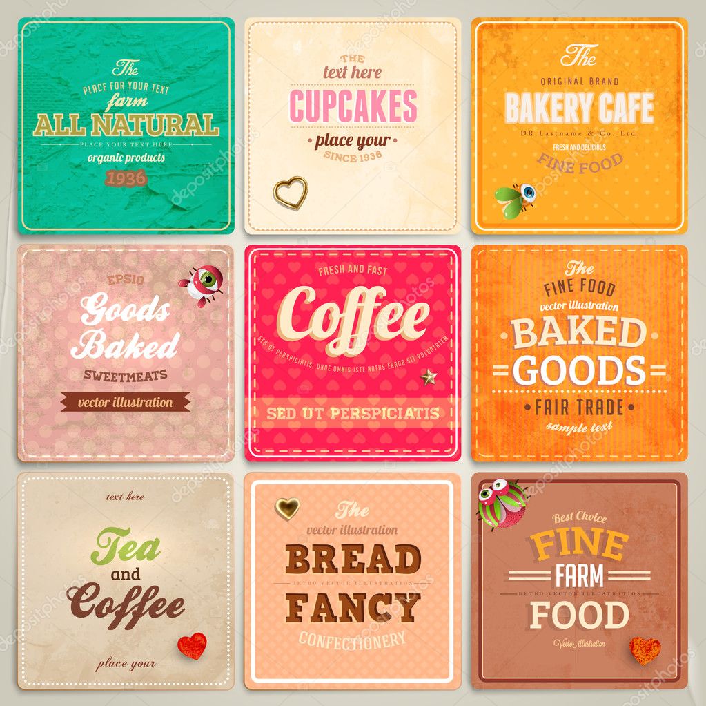 Set of retro bakery labels, ribbons and cards for vintage design, old paper textures