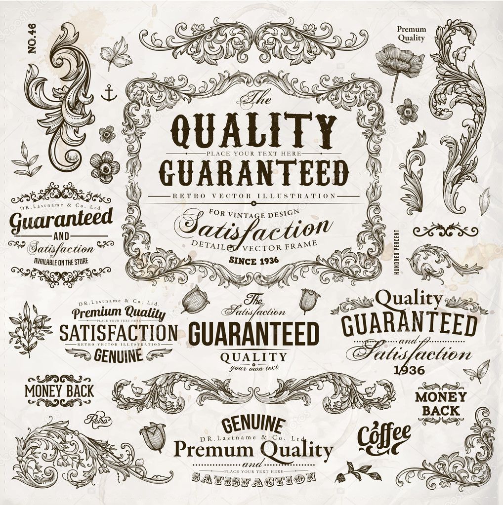 Vector set of calligraphic design elements: page decoration, Premium Quality and Satisfaction Guarantee Label, antique and baroque frames and floral ornaments