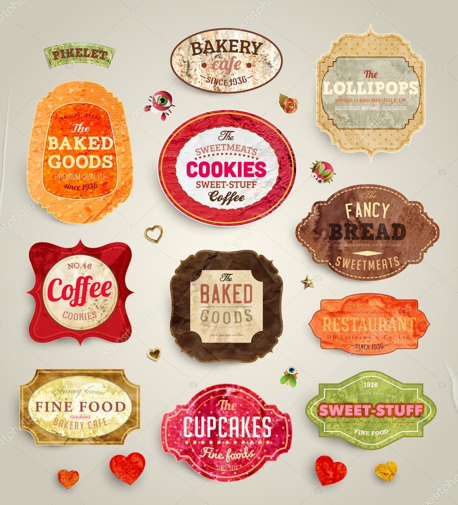 Set of retro bakery and coffee labels, ribbons and cards for vintage design, old paper textures