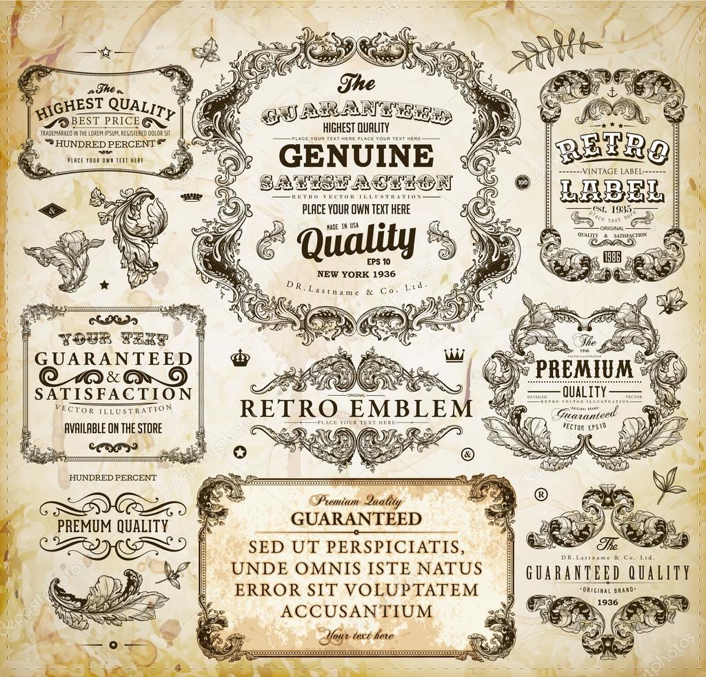 Vector set of calligraphic design elements: page decoration, Premium Quality and Satisfaction Guarantee Label, antique and baroque frames Old paper texture with dirty footprints of a cup of coffee.