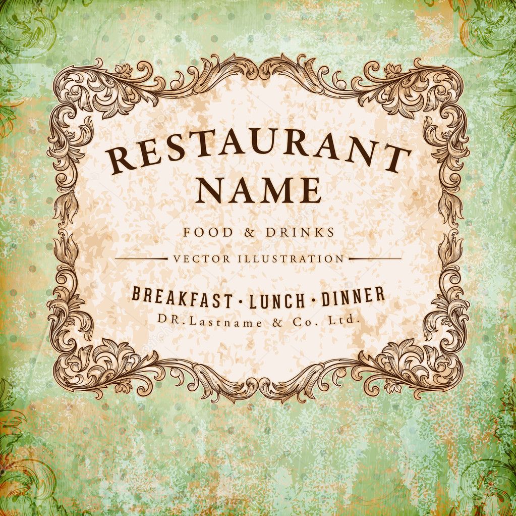 Restaurant label design with old floral frame for vintage menu design