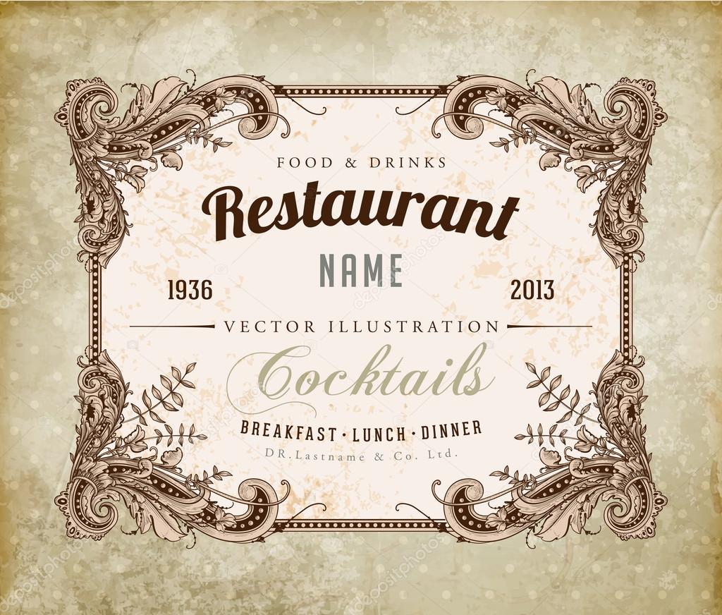 Restaurant label design with old floral frame for vintage menu design