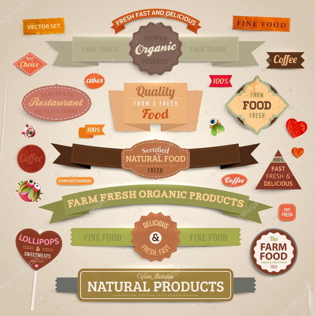 Set of vector labels, banners and ribbons for organic, fresh and farm products design, paper texture
