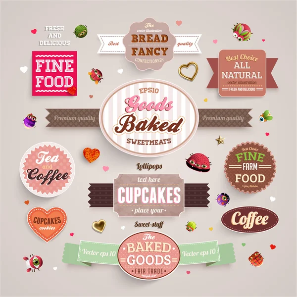 Set of retro bakery labels, ribbons and cards — Stock Vector