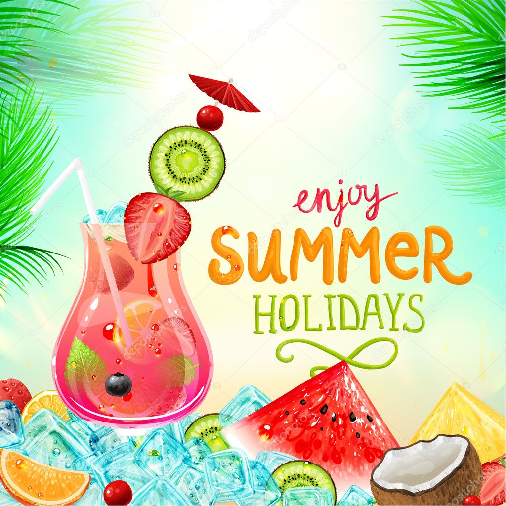 Summer holidays vector illustration set with cocktails
