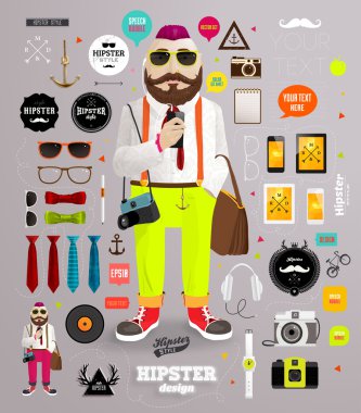 hipster öğeler ve simgeler ile hipster karakter kümesi