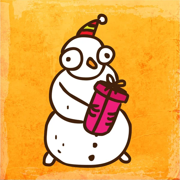Dessin animé bonhomme de neige avec cadeau . — Image vectorielle