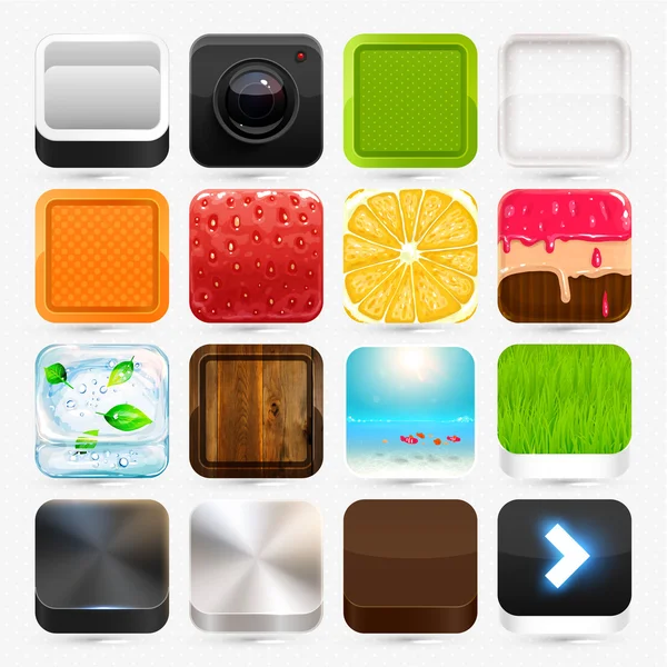 Apps pictogrammenset: aardbei, sinaasappel, camera, taart — Stockvector