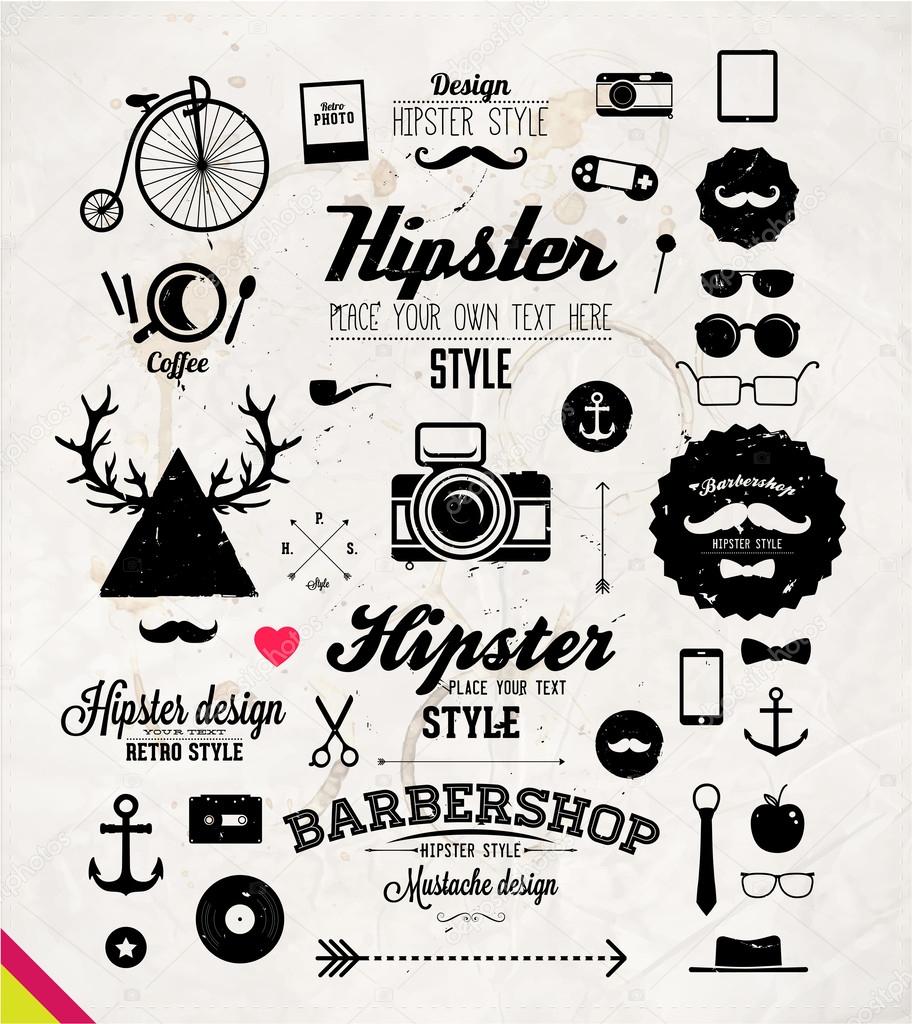 Hipster style infographics elements and icons set for retro design. With bicycle, phone, sunglasses, mustache, bow, anchors, apple and camera. Old Paper Background Texture. Vector illustration.