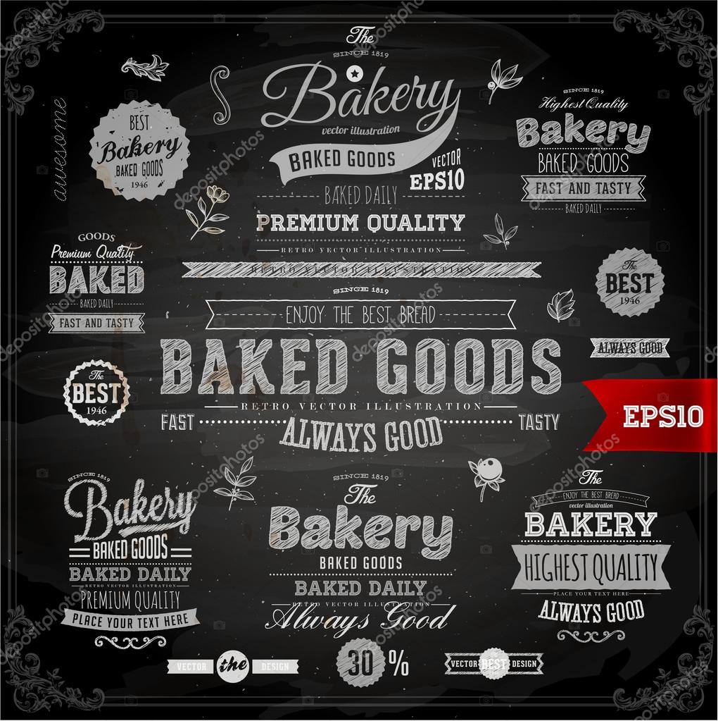 Set of vintage chalkboard bakery logo badges and labels for retro design