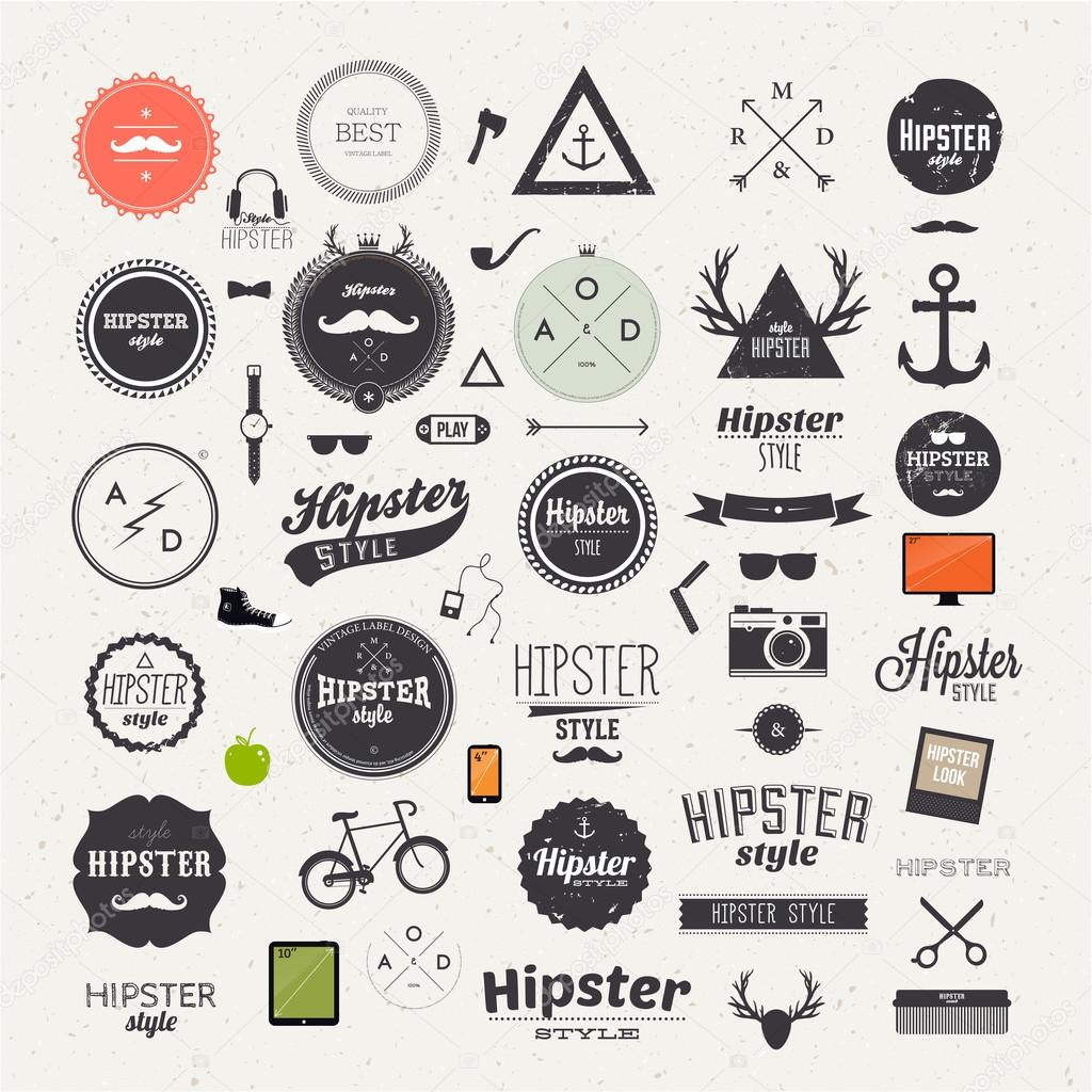 Hipster style infographics elements and icons set for retro design. With bicycle, phone, sunglasses, mustache, bow, anchors, apple and camera. Vector illustration.