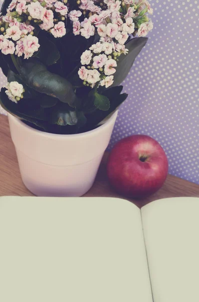 Jahrgangsblumen und Apfel und leeres Papier — Stockfoto