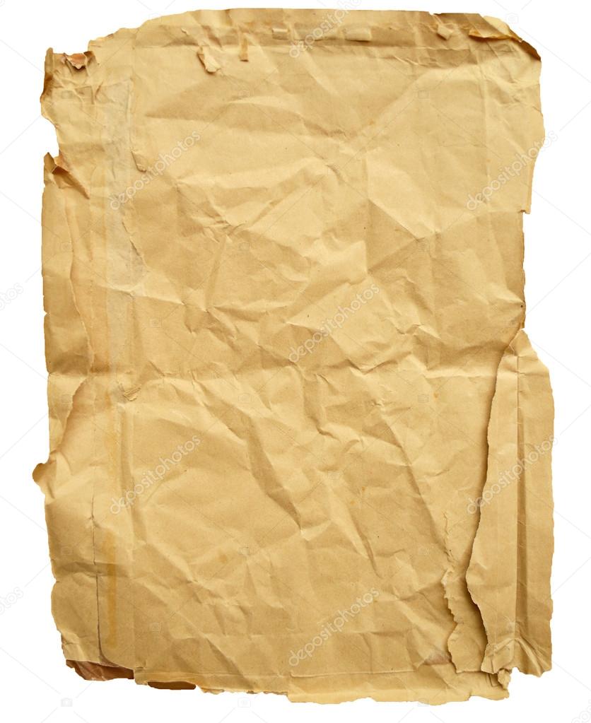 Old brown wrinkled paper on white background