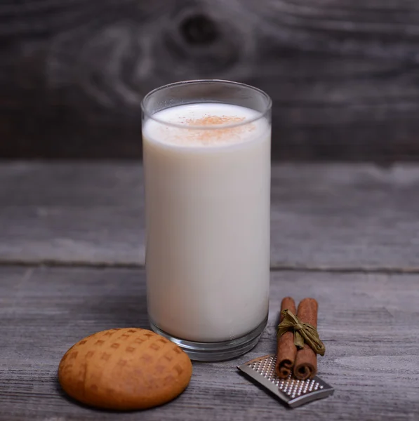 Glass of milk with cinnamon and gingerbread — Stock Photo, Image