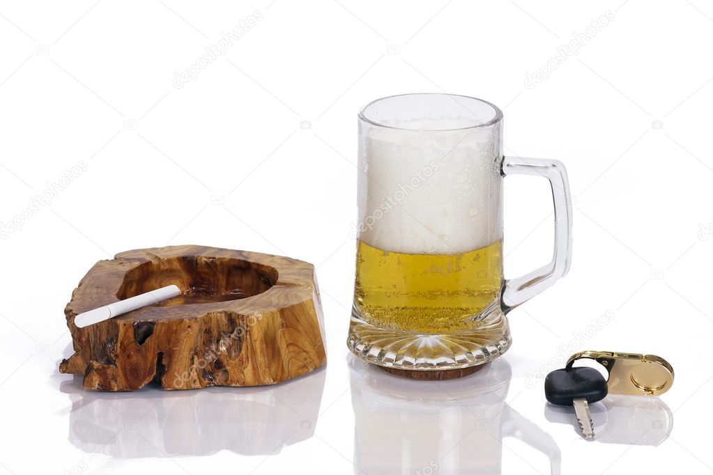Beer, ashtray with cigarette