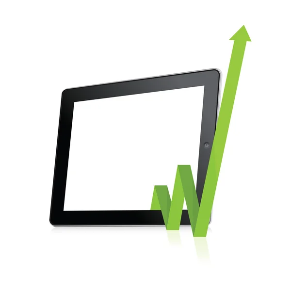 Tablet moderno con freccia verde rivolta verso l'alto dallo schermo vuoto — Vettoriale Stock