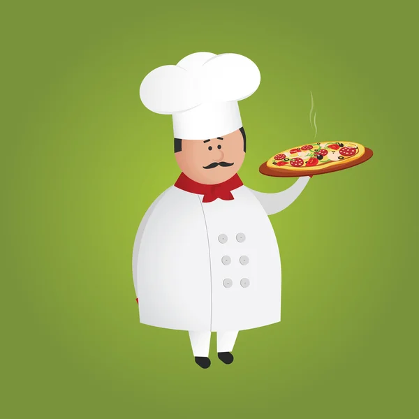 Bonito cozinheiro italiano / personagem chef segurando pizza quente em uma bandeja — Vetor de Stock