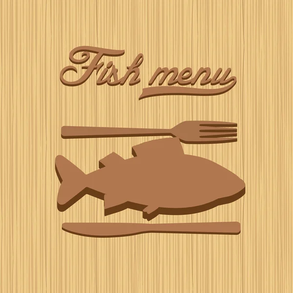 Peixe, garfo e faca no modelo de menu de fundo de madeira — Vetor de Stock
