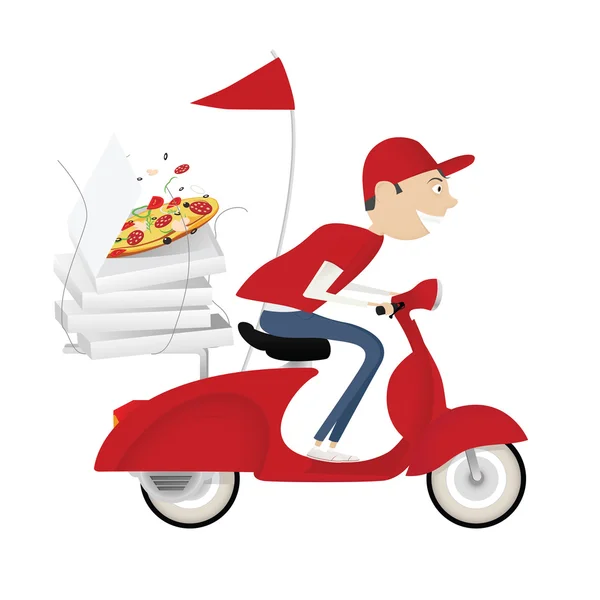 Engraçado pizza entrega menino equitação motor bicicleta — Vetor de Stock