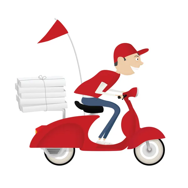 Muchacho divertido pizza entrega montar moto roja — Vector de stock