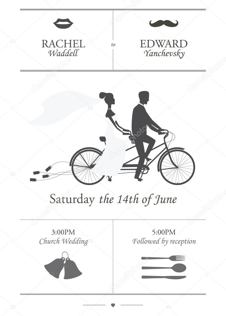 Vintage minimalistic wedding invitation with tandem bicycle