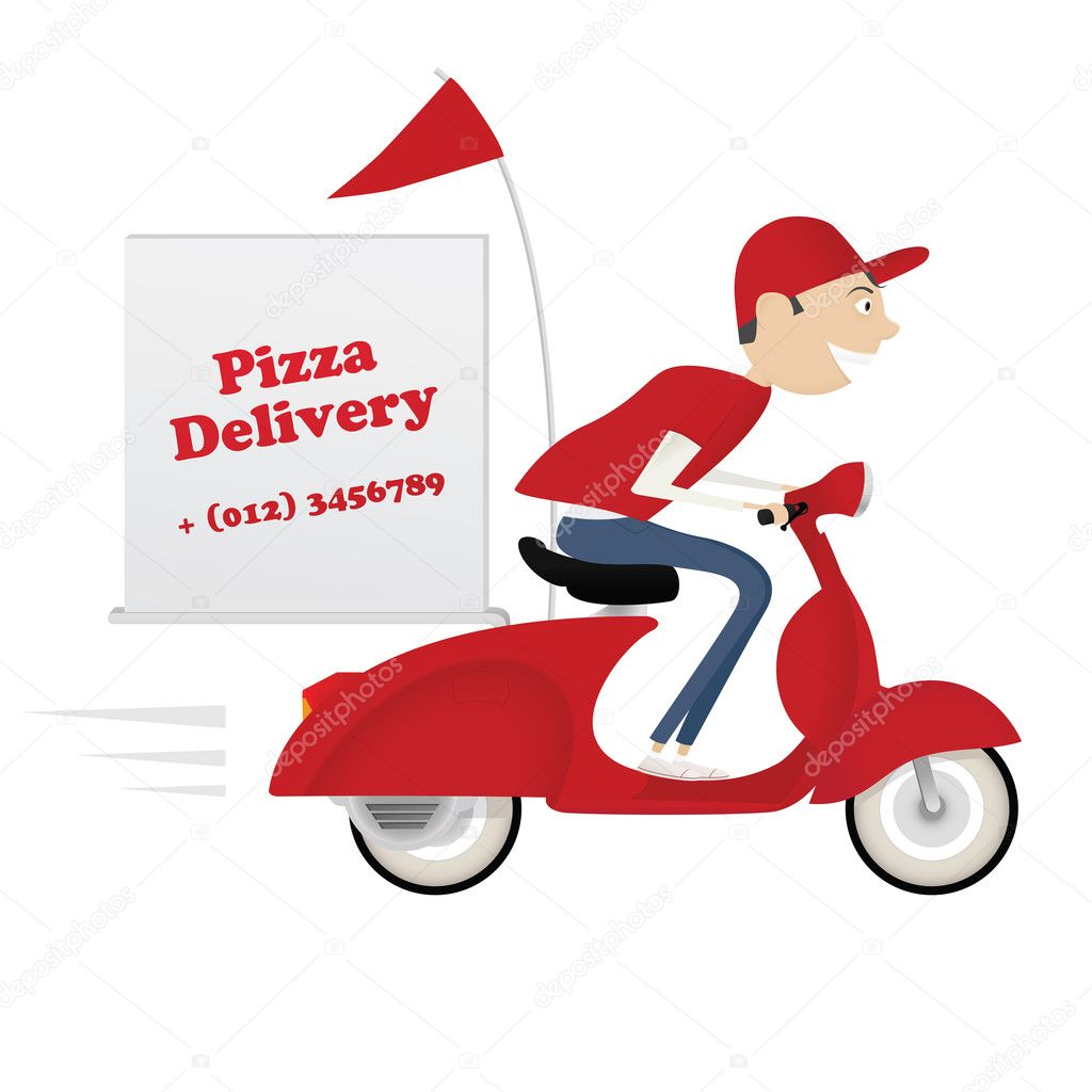 Funny pizza delivery boy riding red motor bike isolated on white background