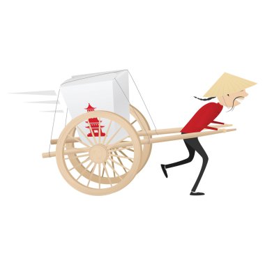 Funny chinese food delivery boy with wooden wagon