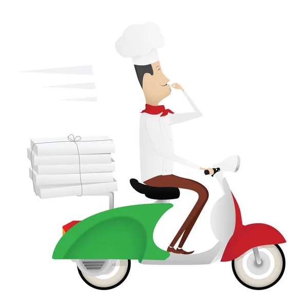 Chef italien drôle livrant pizza sur cyclomoteur — Image vectorielle