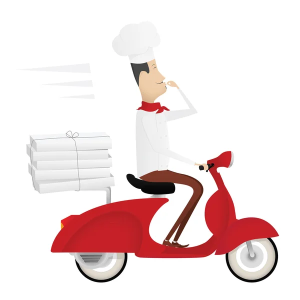 Engraçado chef italiano entregando pizza em vermelho ciclomotor — Vetor de Stock