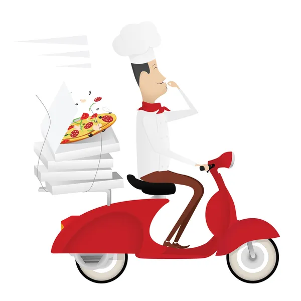 Grappige Italiaanse chef-kok leveren van pizza op rode bromfiets — Stockvector