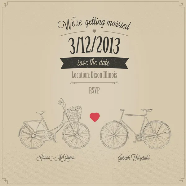 Invitación de boda retro con bicicletas tándem vintage — Vector de stock