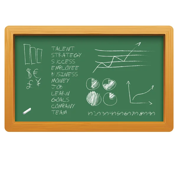 Green blackboard with business graphs and terms — Stock Vector
