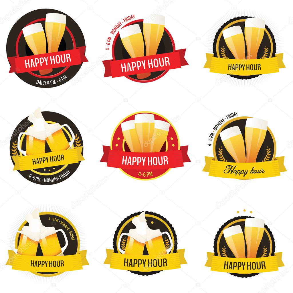 Set of happy hour restaurant, bar labels and badges