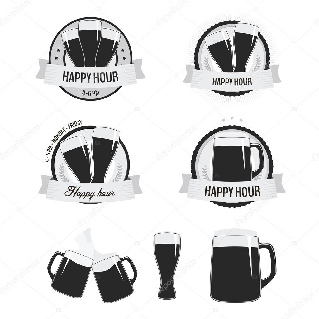 Set of monochrome happy hour labels, badges and beer icons