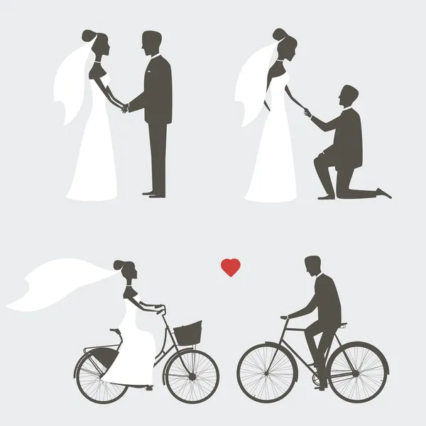 Conjunto de poses de novia y novio para invitación a la boda — Vector de stock