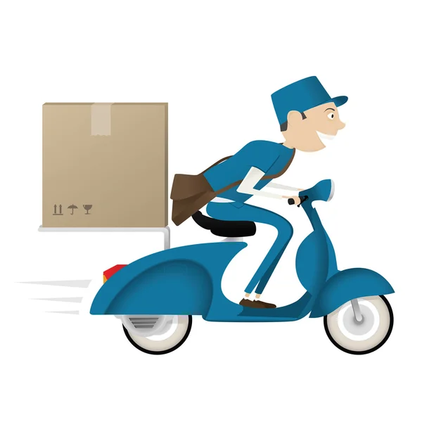 Komik postacı mavi scooter üzerinde paketi teslim — Stok Vektör
