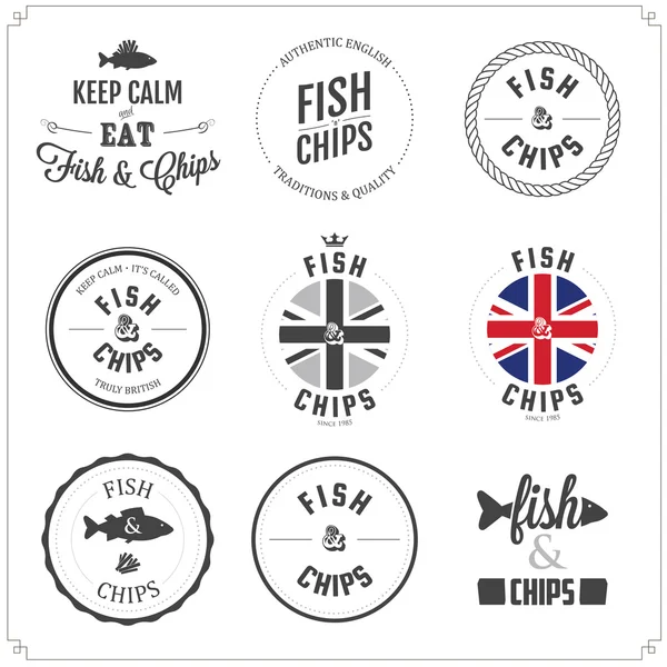 Set van vis en chips etiketten en badges — Stockvector