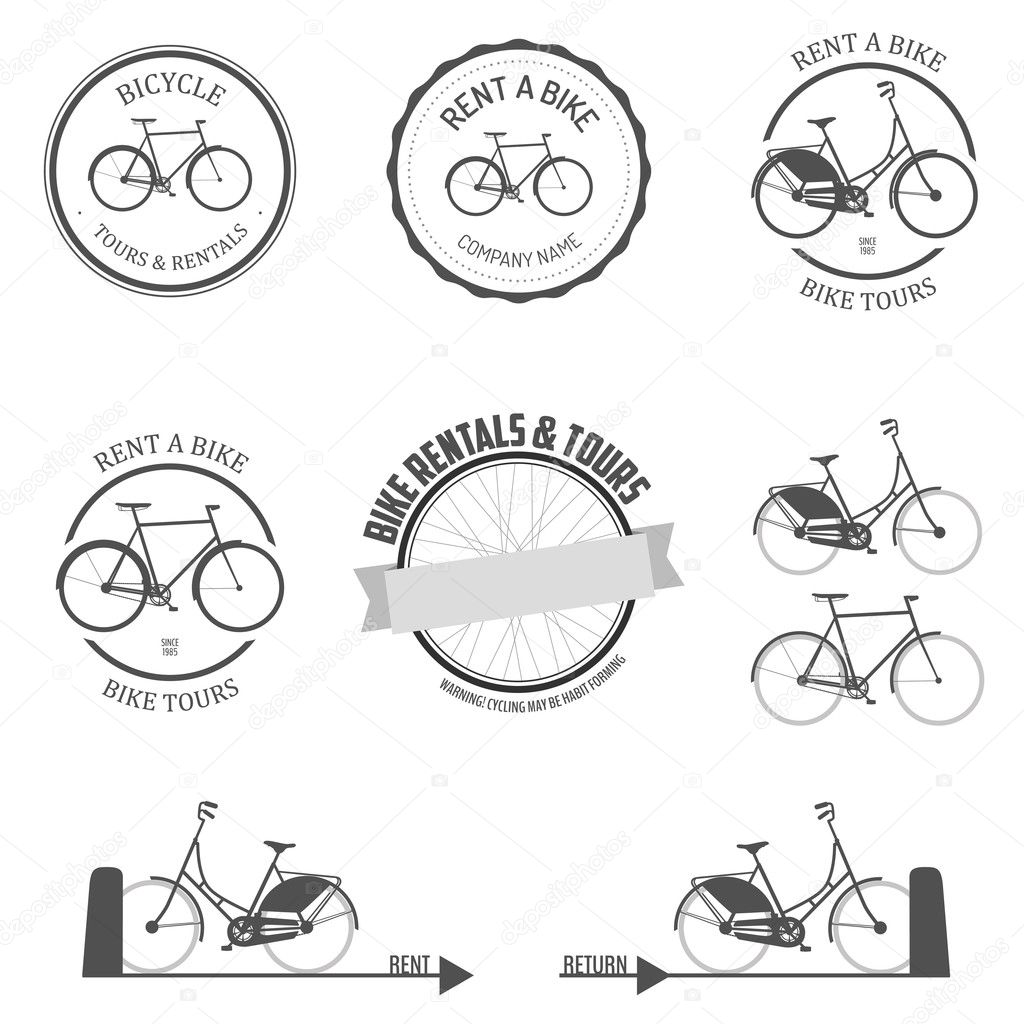 Set of rent a bike labels, badges and design elements