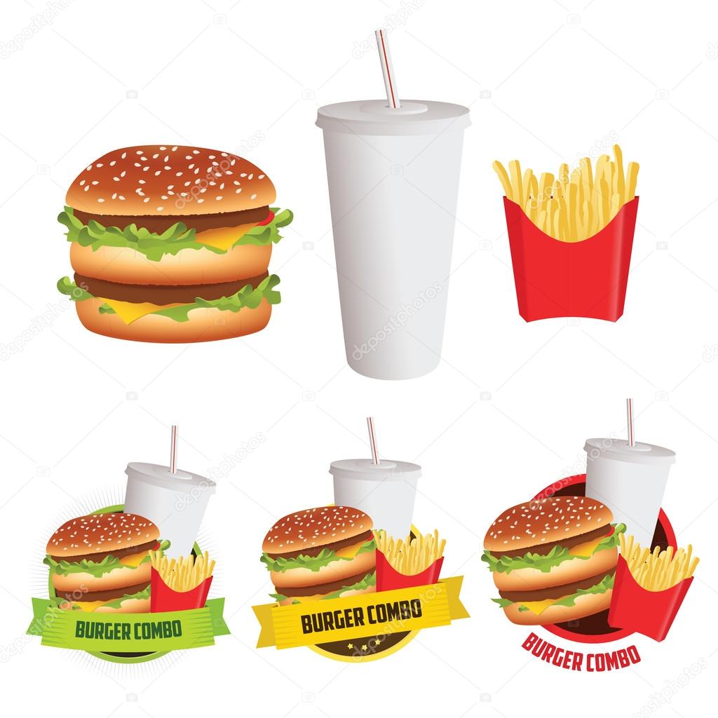 Fast food burger, fries and drink with 3 menu labels