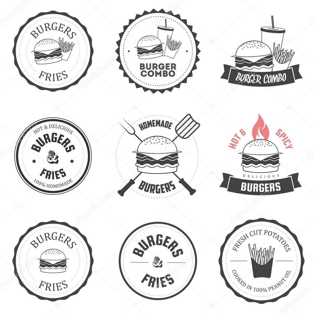 Set of burger and fries restaurant labels, badges and menu design elements