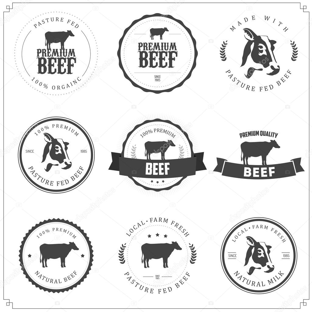 Set of premium beef labels, badges and design elements isolated on white background