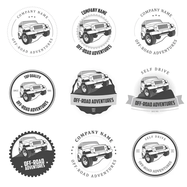 Etichette e badge monocromatici per avventure fuoristrada — Vettoriale Stock