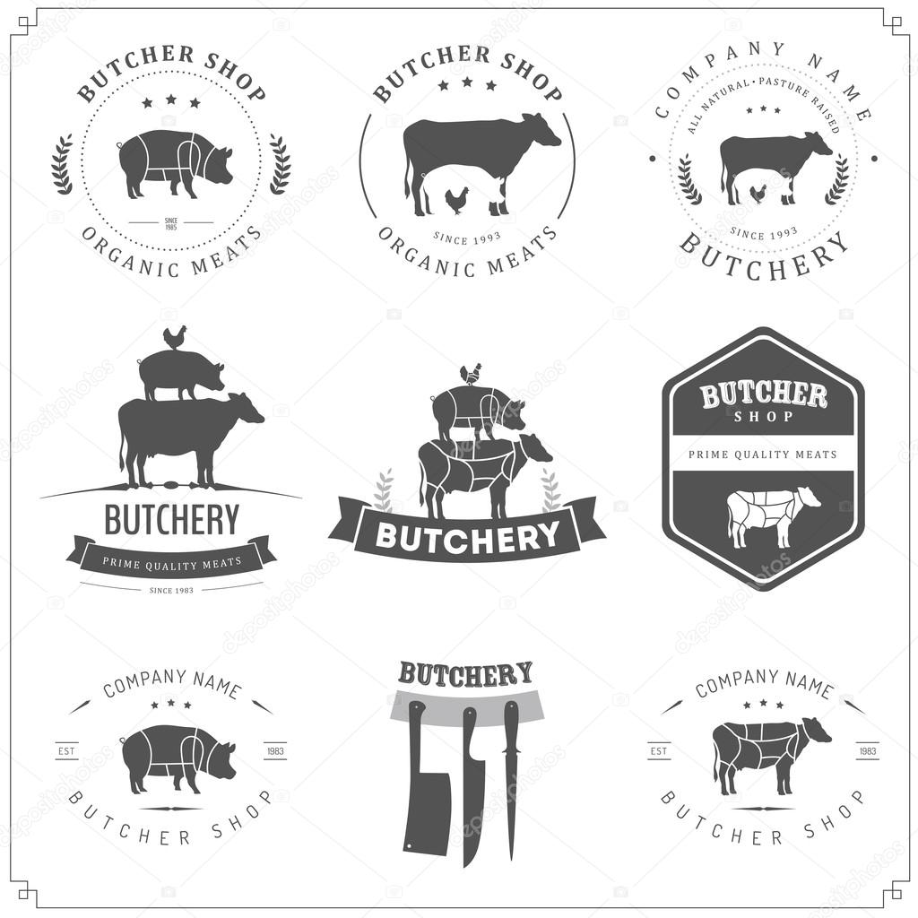 Set of butcher shop labels and design elements isolated on white background