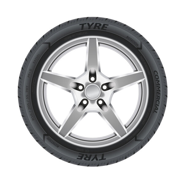 Detailed illustration of alloy car wheel with a tire.